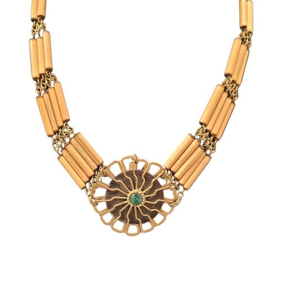 Vintage Turquoise Center Boho Flower Bamboo Choker Necklace - Picture 4 of 12